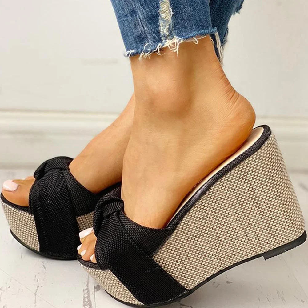 Bow Tied Slip on Leisure Platform Summer Sandals 2020 Wedges High Heels Women Shoes Woman Mules Flip Flops