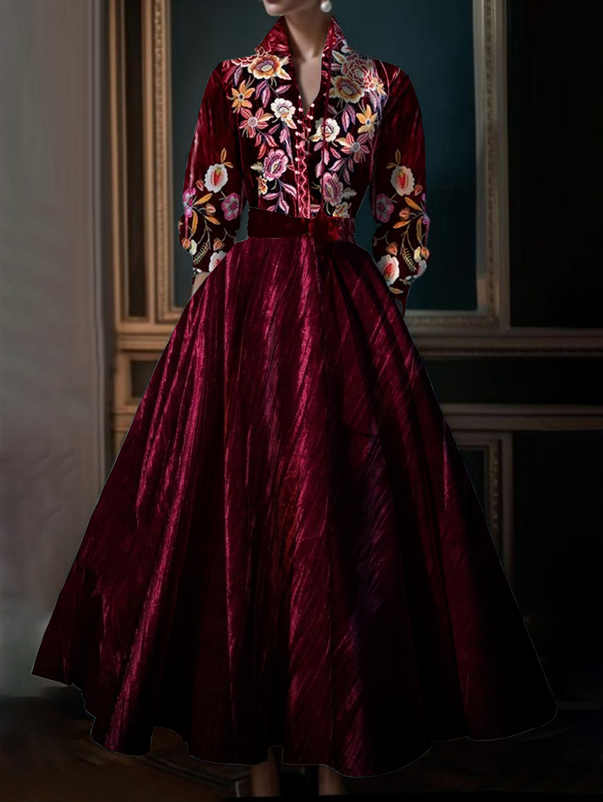 Ursime Stand Collar Floral Print Long Sleeve Velvet Maxi Dress