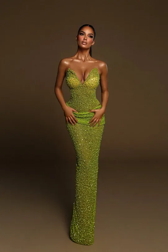 slim fit dress slacks Mermaid Hunter Green Prom Gown with Sheer Lace Beaded Long Sleeves –  loveangeldress main image 0