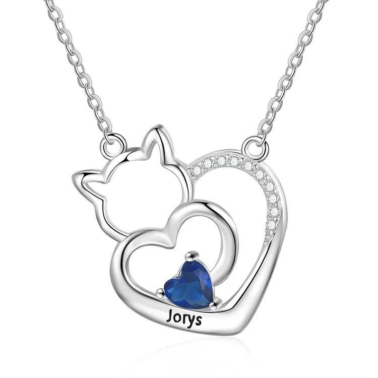 Personalized Cat Pendant Neckalce with Birthstone Engrave 2 Names
