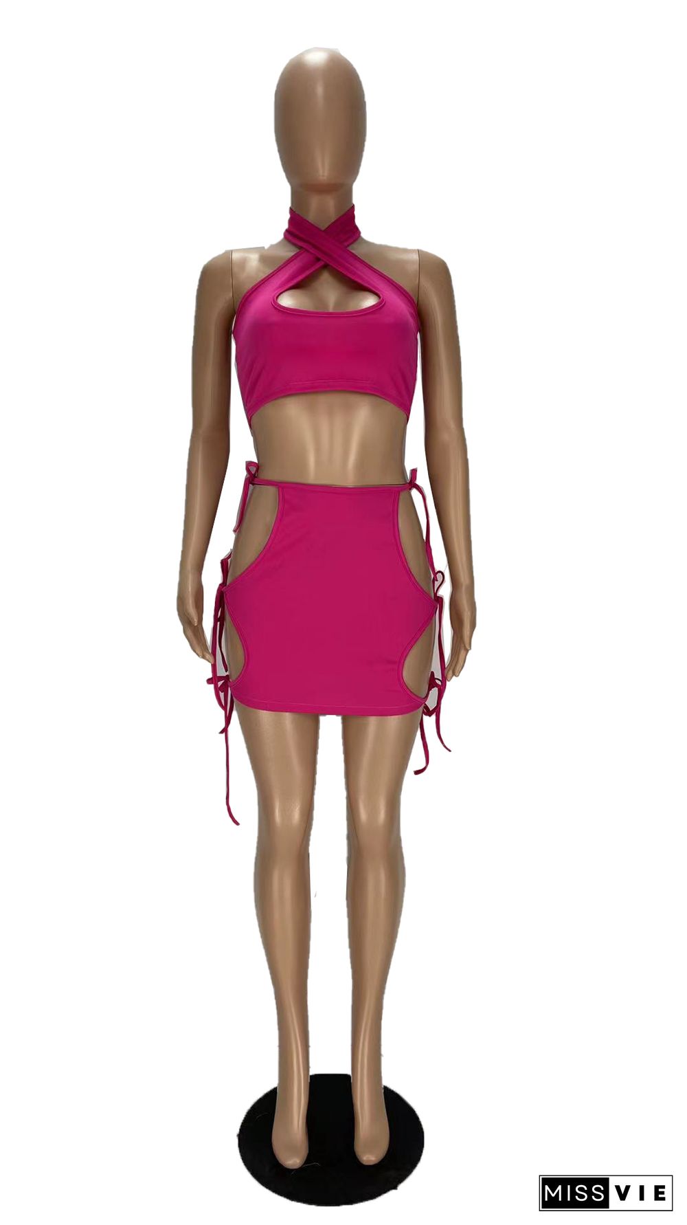 Halter Backless Crop Tops Hollow Out Lace Up Skirt Sets