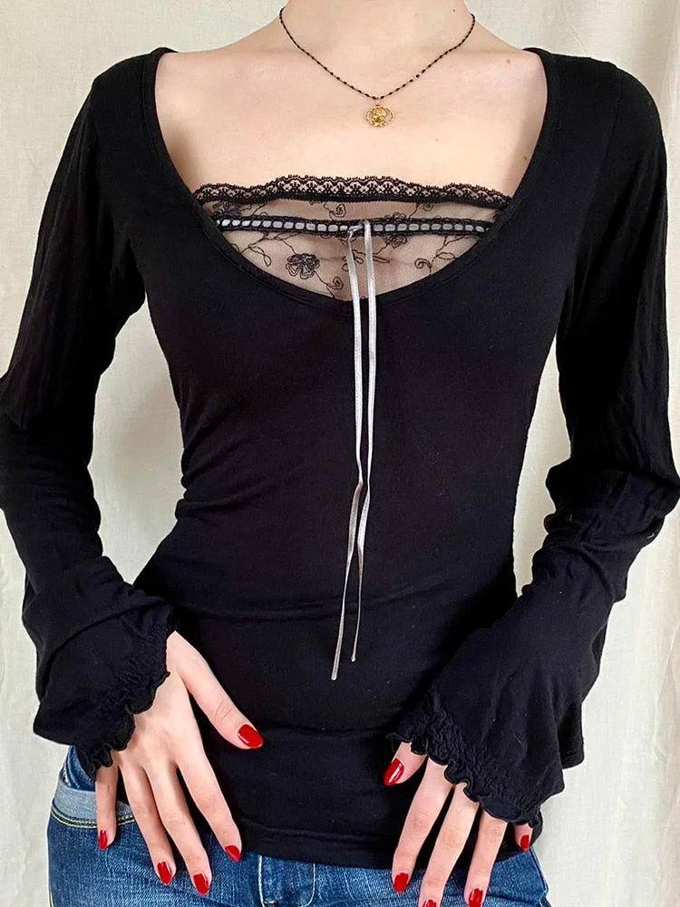 Rapcopter Y2K Lace Crop Top Bow Frill Kawaii Black T Shirt V Neck Full Sleeve Sexy Tee Vintage Harajuku Korean Women Pullovers