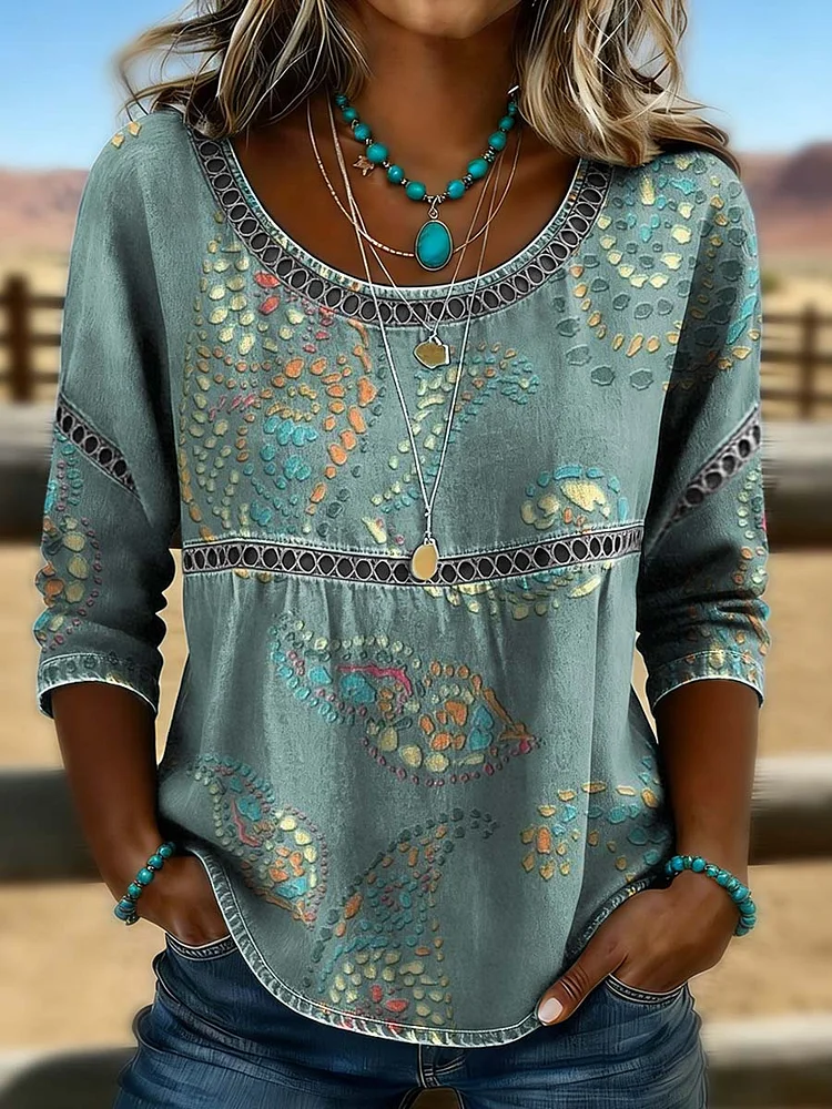 Women's Vintage Print Casual 3/4 Sleeves Hollow Denim Shirt