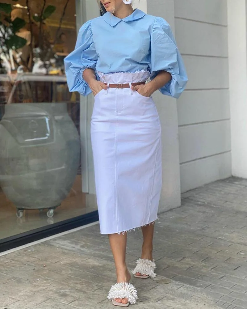 Two-Piece Balloon Sleeve Top & Solid Skirt
