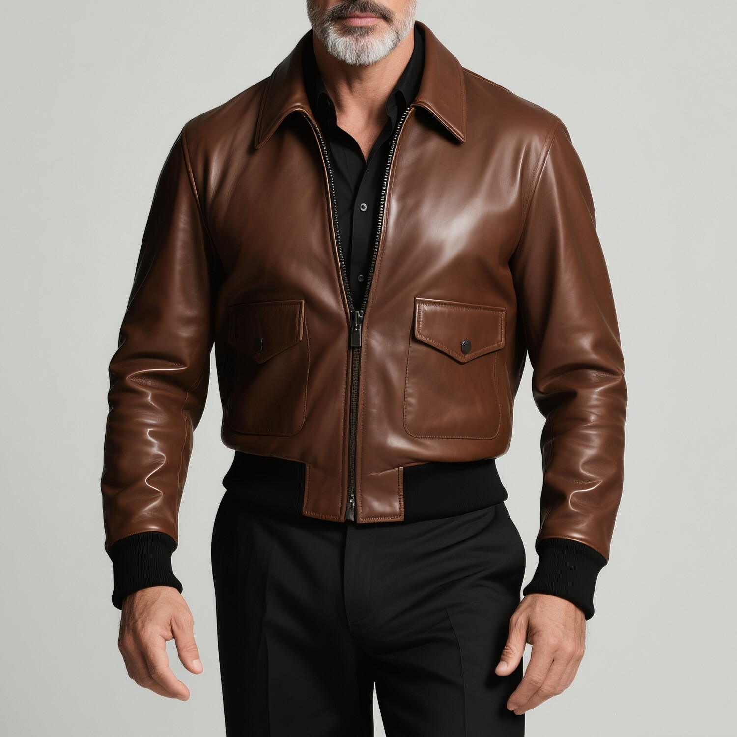 Men's Turndown Collar Long Sleeve Flap Pockets Zip Up PU Leather Jacket