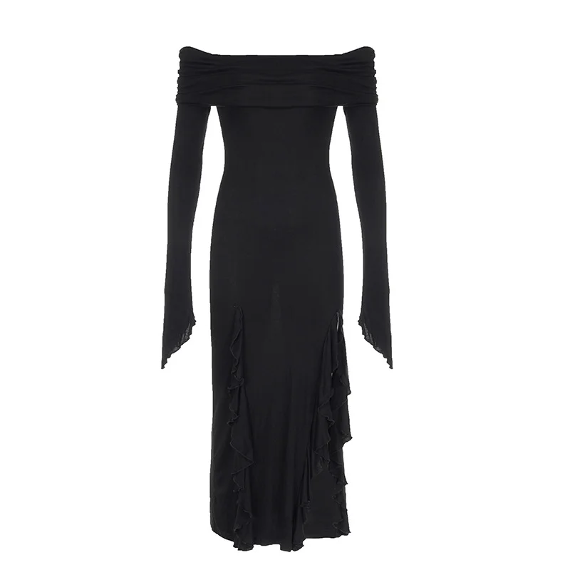 Ueong Soil Style Shoulder Lotus Leaf Edge Forked Skirt 2023 Pure Wind Hot Girl Sexy Tight Fashion Dress Girl