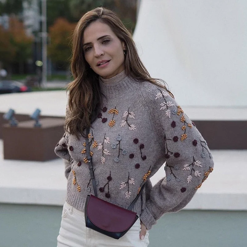 Billlnai Za Pull Chic Bead Embroidery Grey Sweater Elegant Long Sleeve Vintage Winter Knit Pullover Women Tops With Floral Jumper