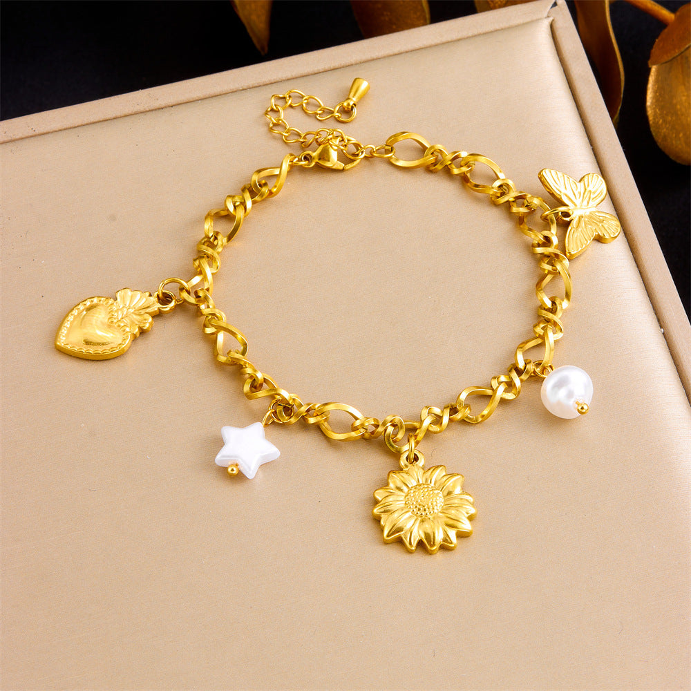 Fashion Gold-Plated Stainless Steel Multi-Element White Shell Five-Pointed Star Sunflower Love Butterfly Pendant Chain Bracelet