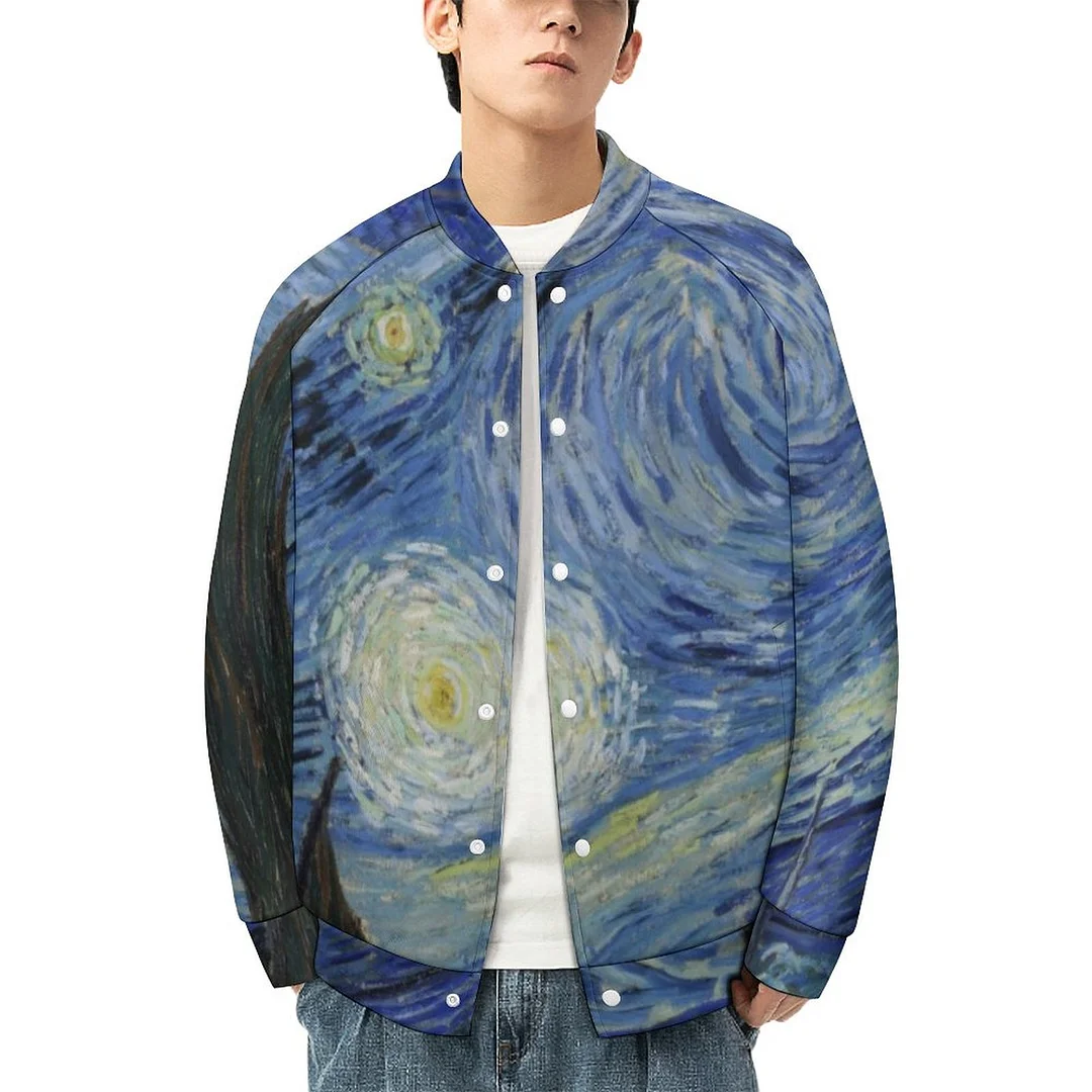 Plus Size Unisex Van Gogh Starry Night Women Single Breasted Long Sleeve Bomber Jacket Men Stand Collar Varsity Coat Outfit