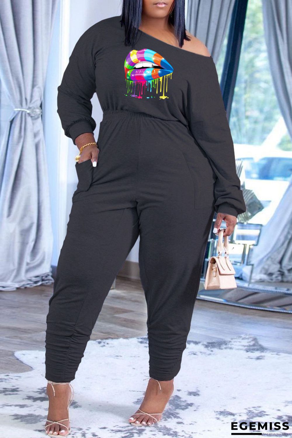 Black Casual Print Patchwork O Neck Long Sleeve Two Pieces | EGEMISS