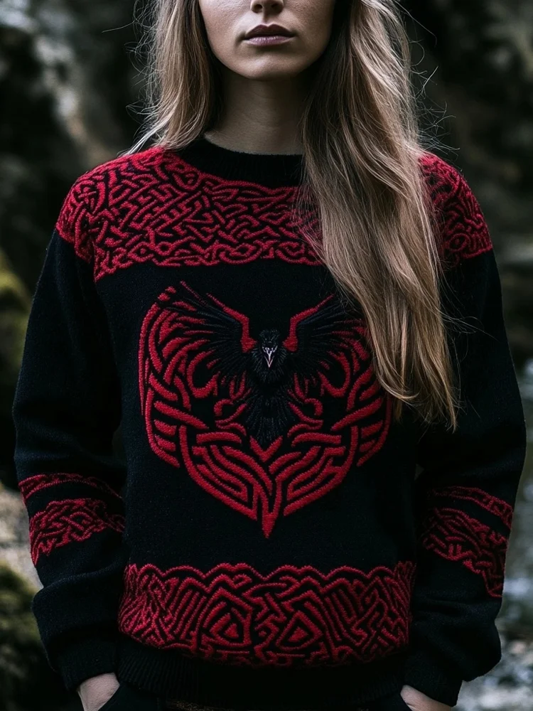 Viking Raven Inspired Jacquard Retro Crew Neck Cozy Sweater