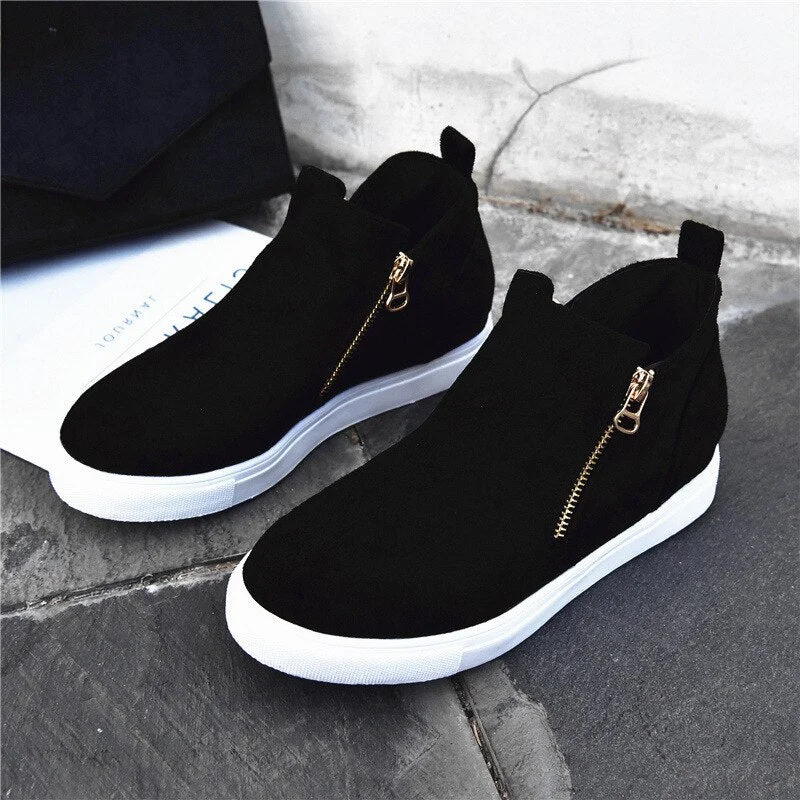 2019 Woman Casual Shoes PU Leather Within The Higher Pure Fashion Side Zipper Sneakers Anti Skid Outsole Ladies Shoes