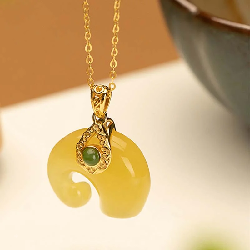 925 Sterling Silver Natural Amber Jade Elephant Blessing Necklace