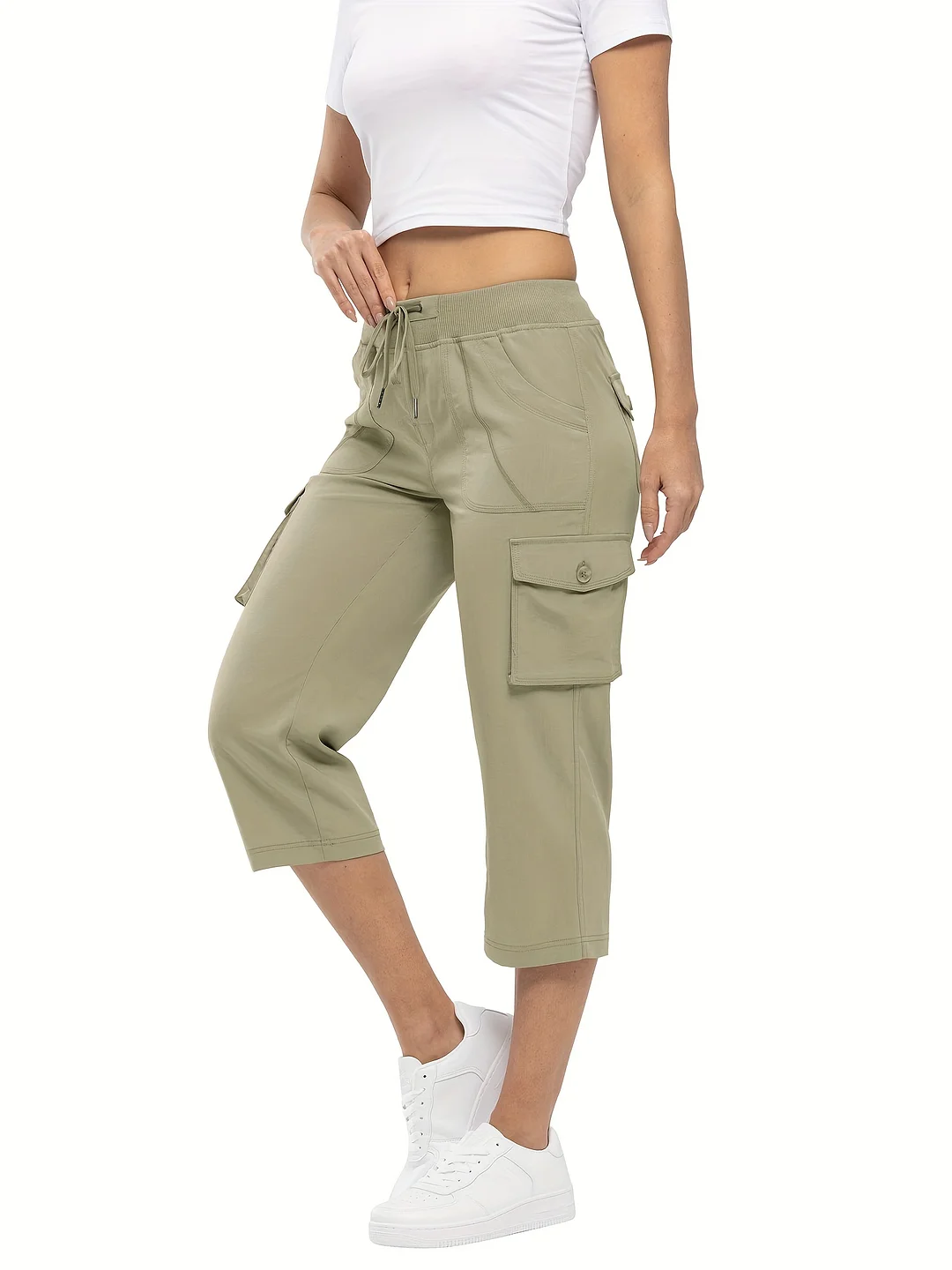 Women's Lightweight Quick-Dry Cargo Capris Hiking Pants With 6 Pockets, Adjustable Drawstring Waist & Stretch Fabric For Outdoor Sports, Camping, Running, Travel - Olive Green, Hiking Gear, Lifestyle Apparel, Sporty Style, Moisturewicking Fabric | IFYHOME