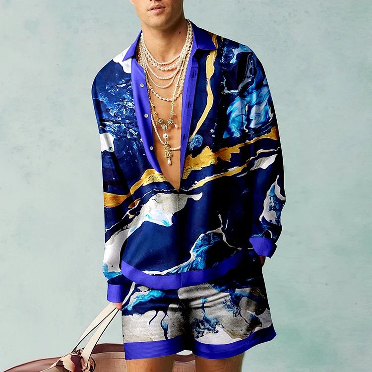 BrosWear Marbling Blue Print Shirt And Shorts Co-Ord