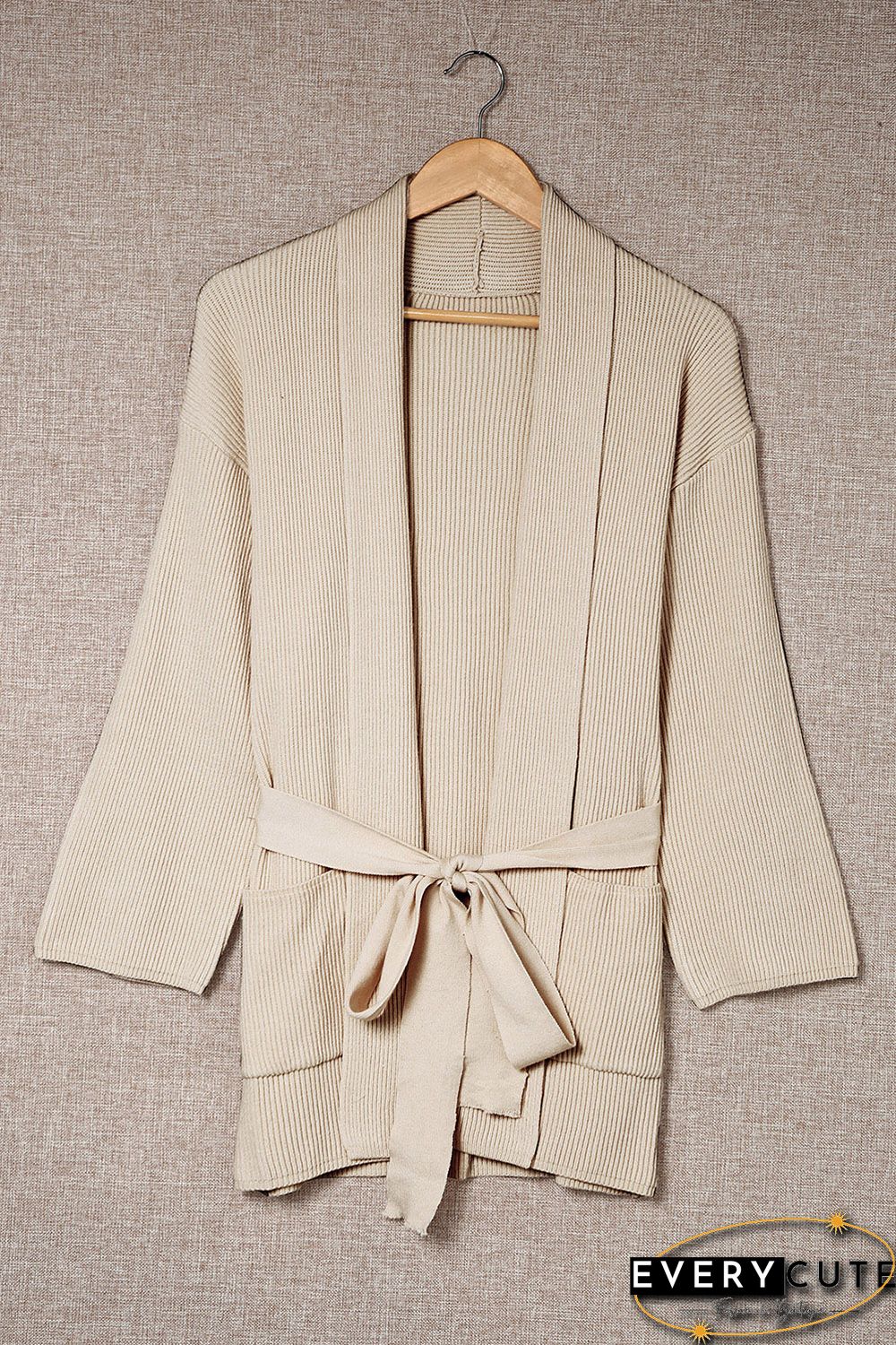 Apricot Robe Style Rib Knit Pocketed Cardigan with Belt