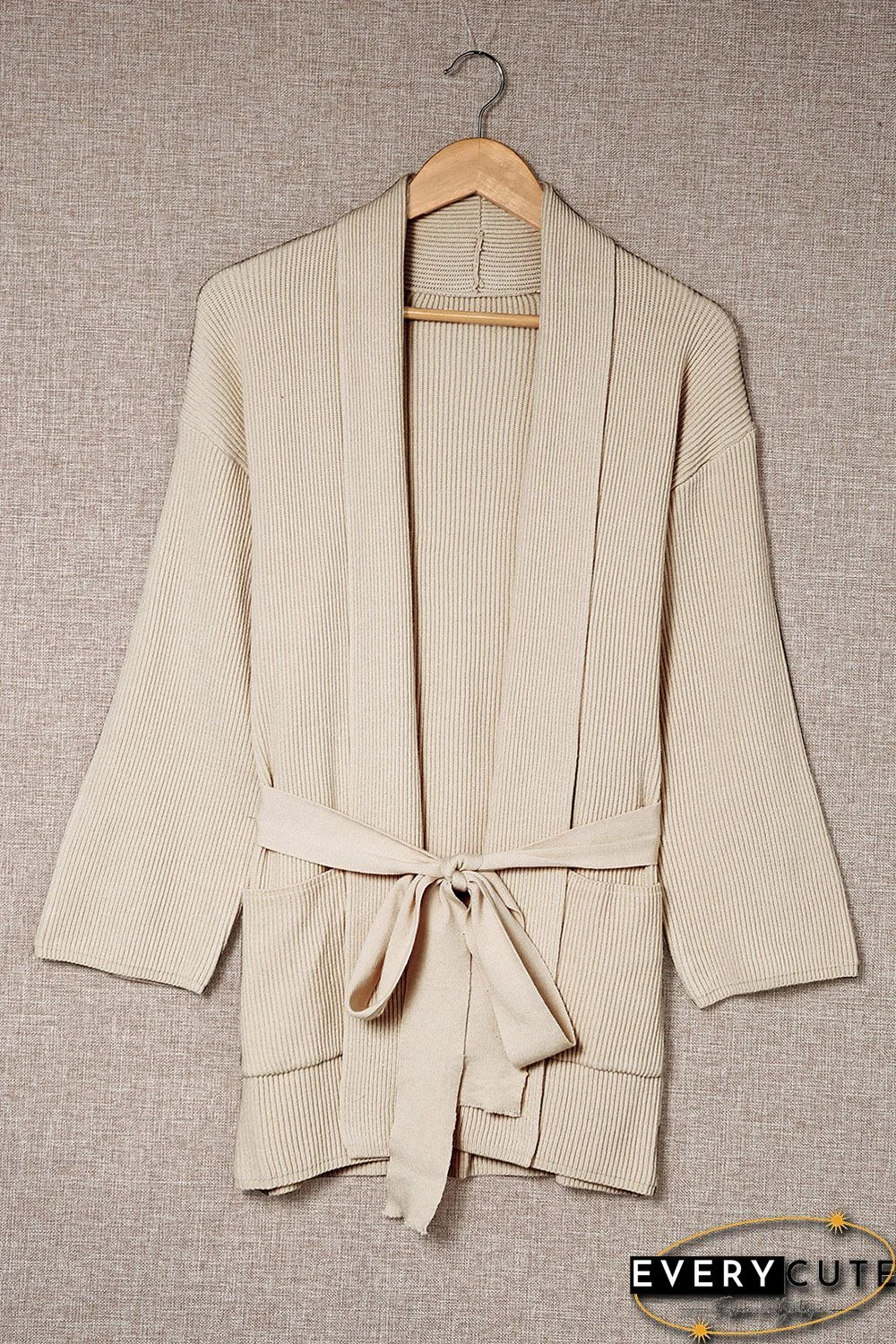 Apricot Robe Style Rib Knit Pocketed Cardigan with Belt