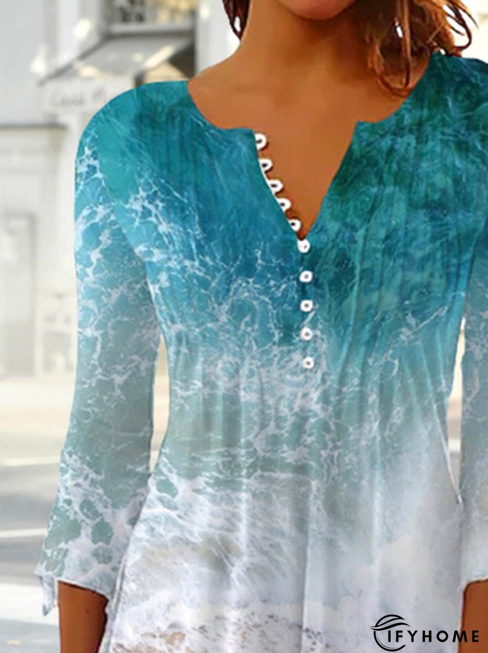 Buttoned Notched Random Print Casual tunic Top | IFYHOME