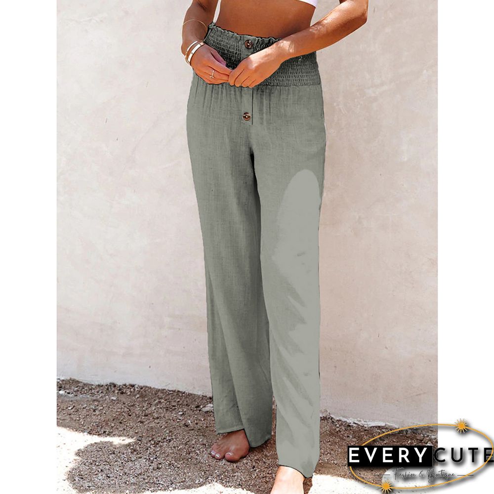 Greyish Green Elastic Waist Wide Leg Casual Pants