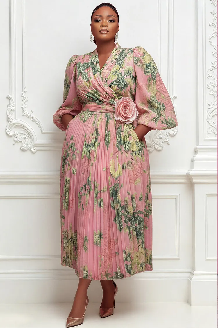 Xpluswear Design Plus Size Wedding Guest Pink Floral Wrap Neck Lantern Sleeve 3/4 Sleeve 3D Pocket Chiffon Midi Dresses [Pre-Order] 2024 - Xpluswear