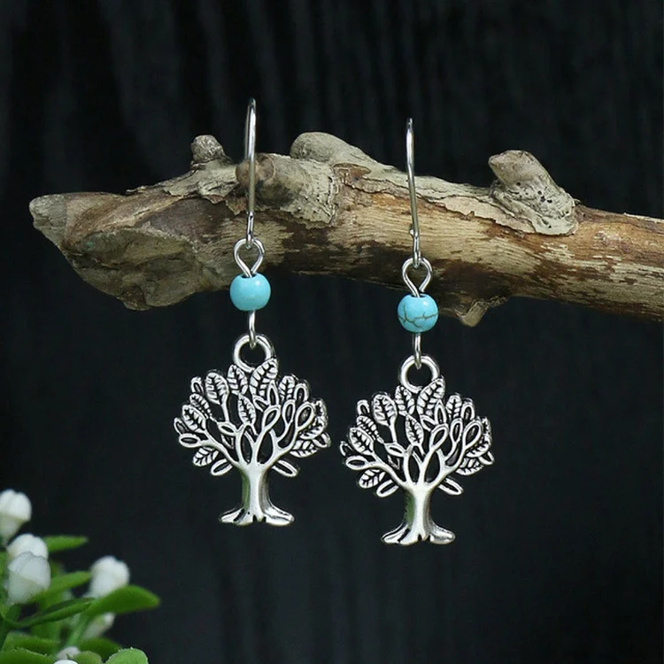 Boho Opal Tree of Life Earrings in Silver