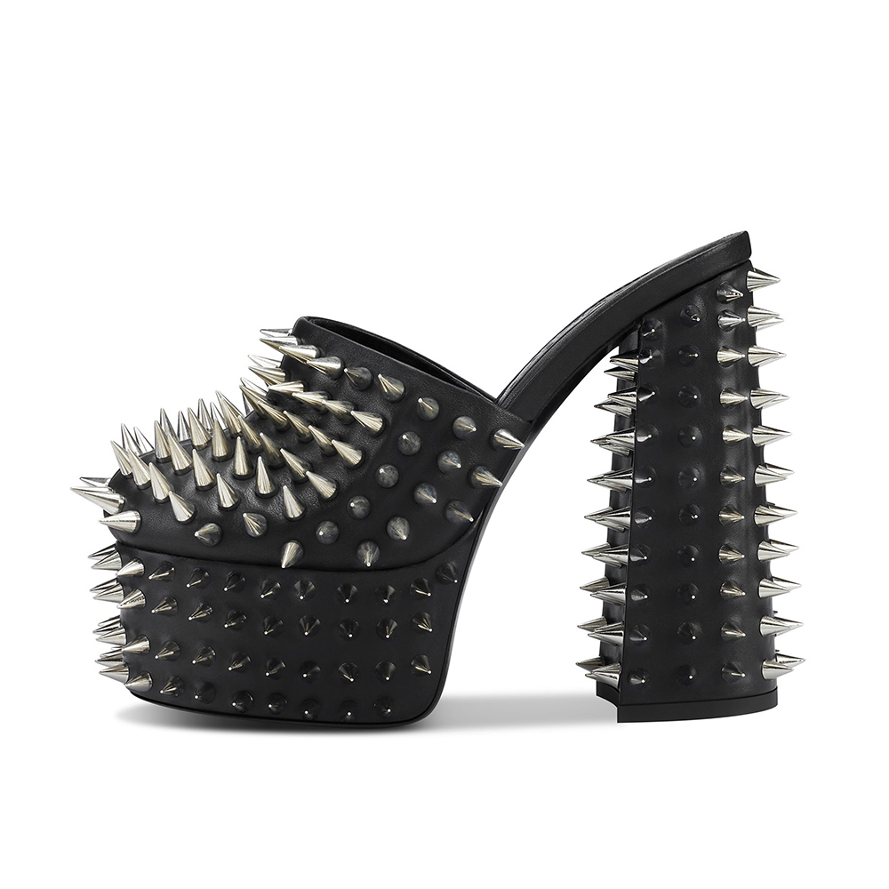 TAAFO Black Rivet Studded Closed Thick High Heel Platform Mules Shoes For Women Spike Heels