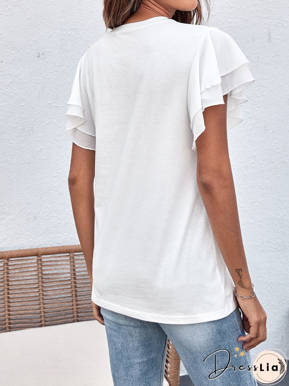 Women'S T-Shirts Butterfly Print Crew Neck Ruffle T-Shirt