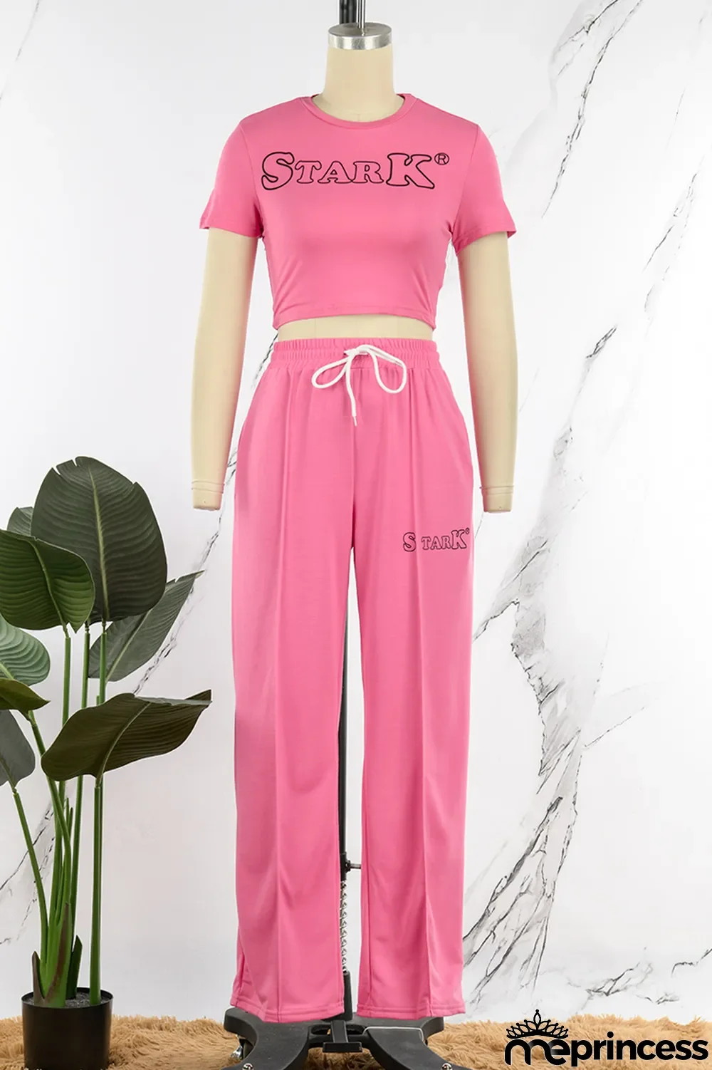 Rose Red Casual Print Patchwork O Neck Short Sleeve Two Pieces