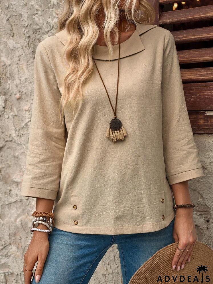 Ladies' Simple Solid Color Long Sleeve Linen Casual Shirt