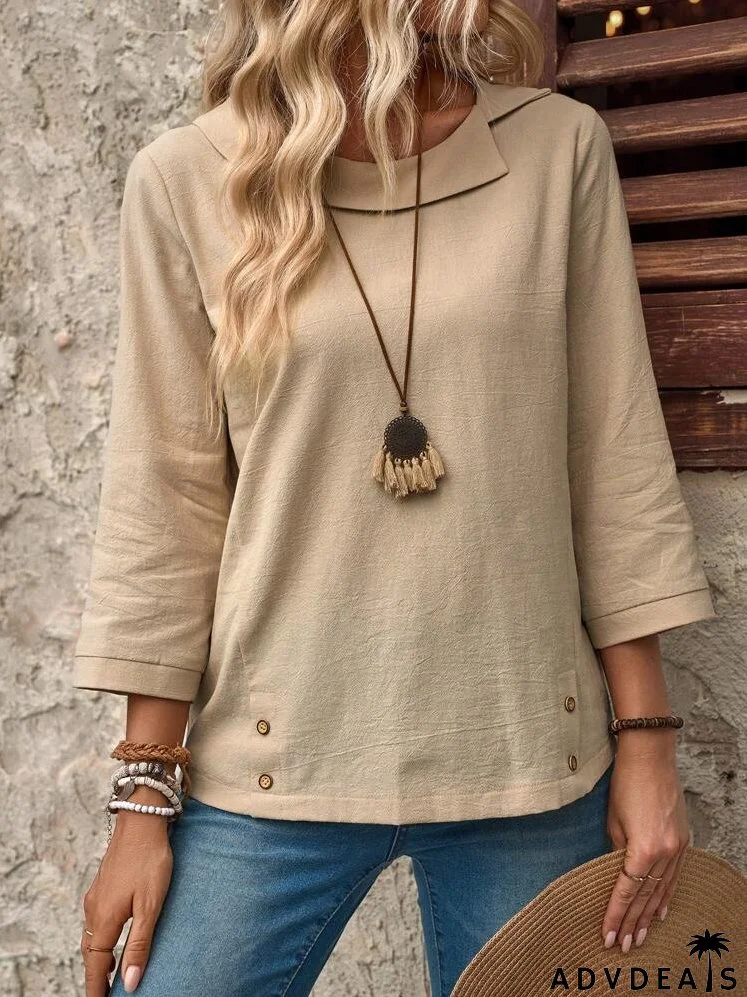 Ladies' Simple Solid Color Long Sleeve Linen Casual Shirt