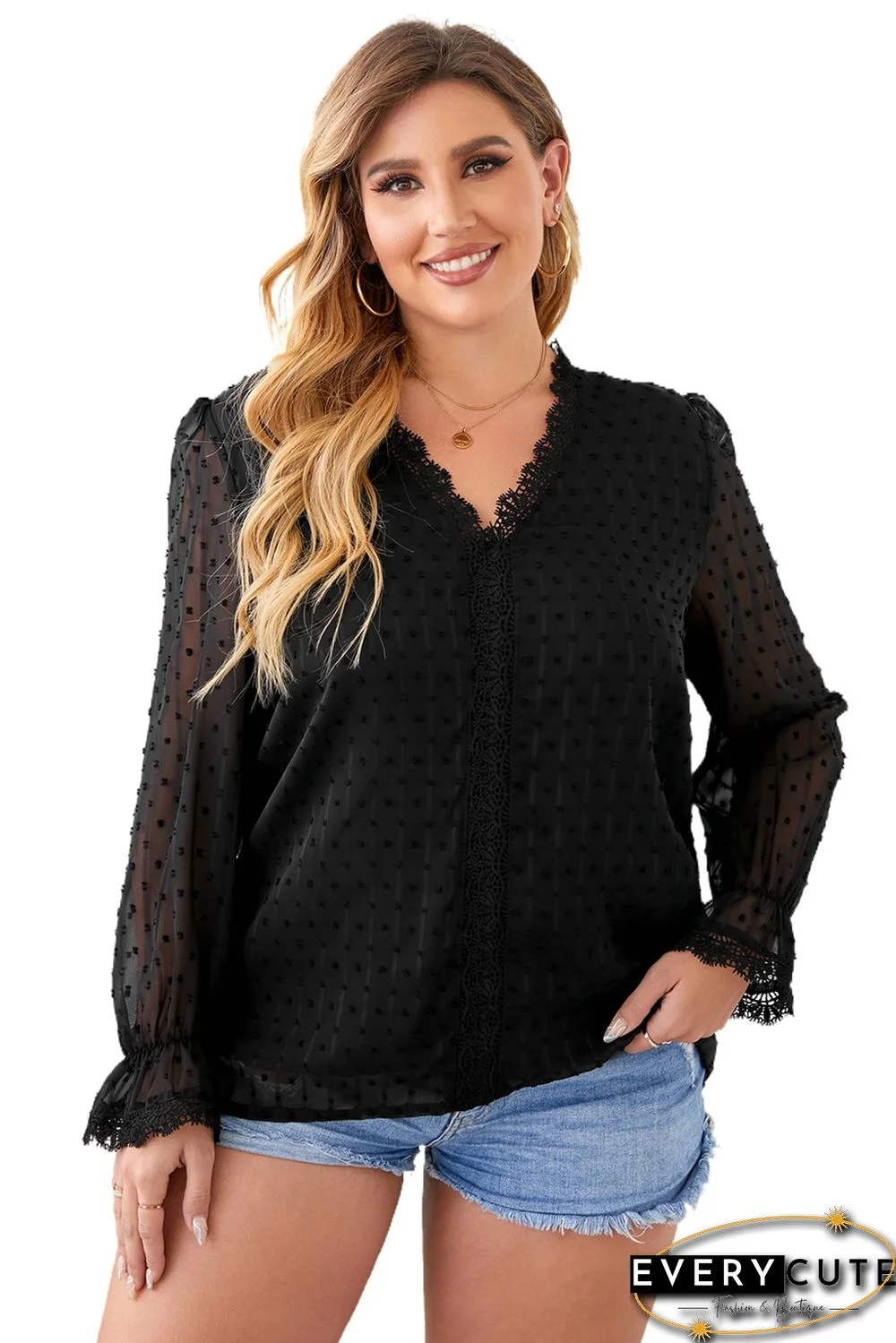 Black Swiss Dot Lace Splicing Plus Size Blouse