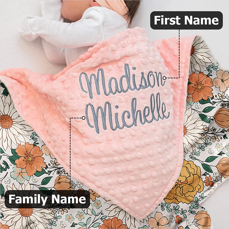 Personalized Boho Flowers Embroidery Name Baby Security Blanket with Dotted Backing Baby Shower Baptism Gift for Newborn