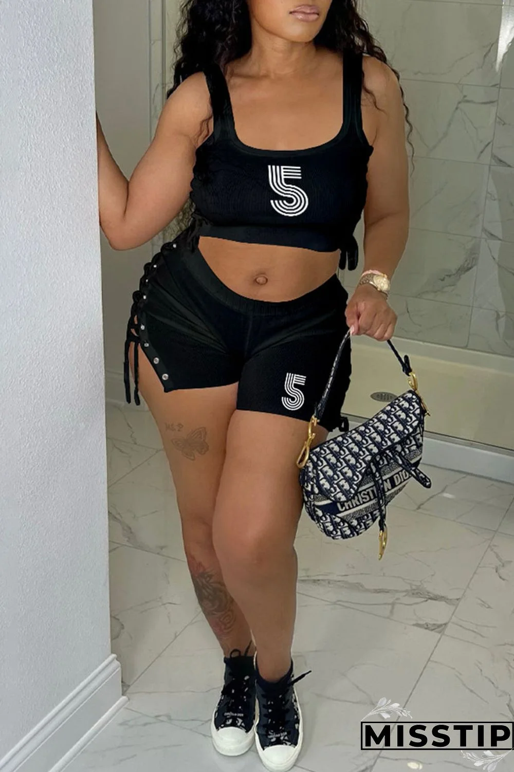 Blue Casual Print Bandage U Neck Sleeveless Two Pieces