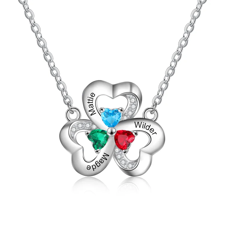 Personalized Clover Heart Necklace with 3 Birthstones Gifts for Mom