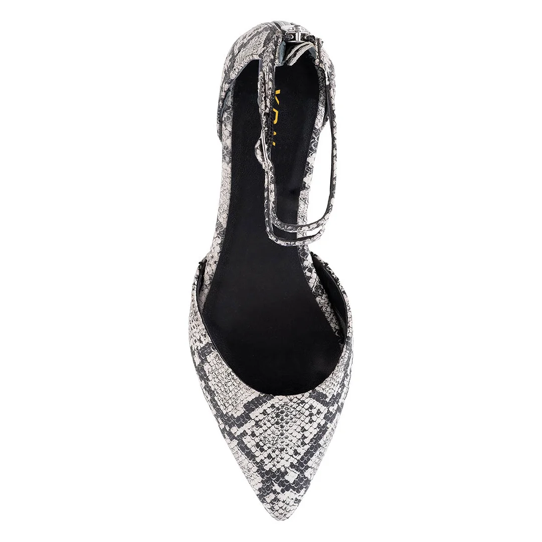 Black & White Pointed Toe Snakeskin Print Flats with Ankle Strap
