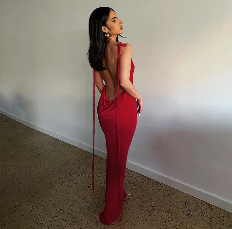 Uveng Backless Lace Up Long Dress Dresses