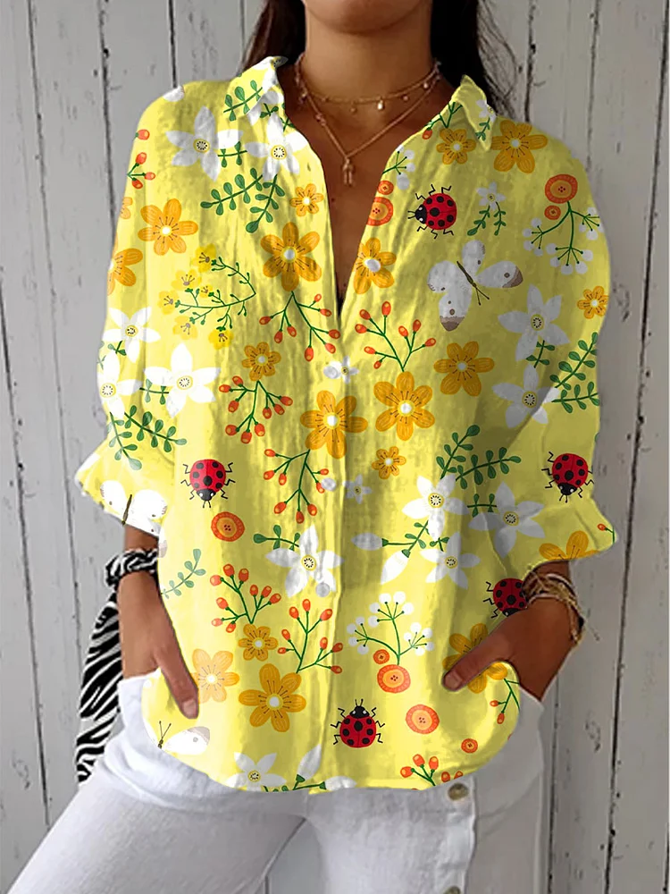 Women's Bright Flower Art Print Casual Linen V-neck Shirt