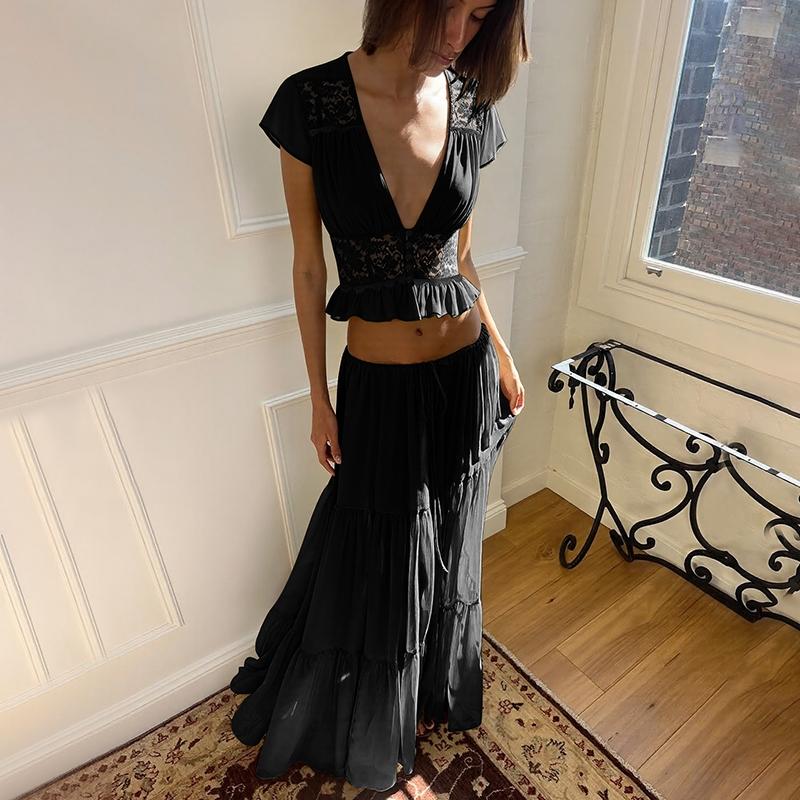 Women Summer Short Sleeve V Neck Tops Long Skirt Beach Vacation Chiffon Two Piece Set Outfit Women Summer Short Sleeve V Neck Tops Long Skirt Beach Vacation Chiffon Two Piece Set Outfit