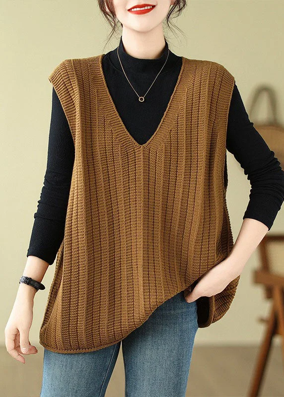 Loose Coffee V Neck Solid Cozy Knit Waistcoat Fall