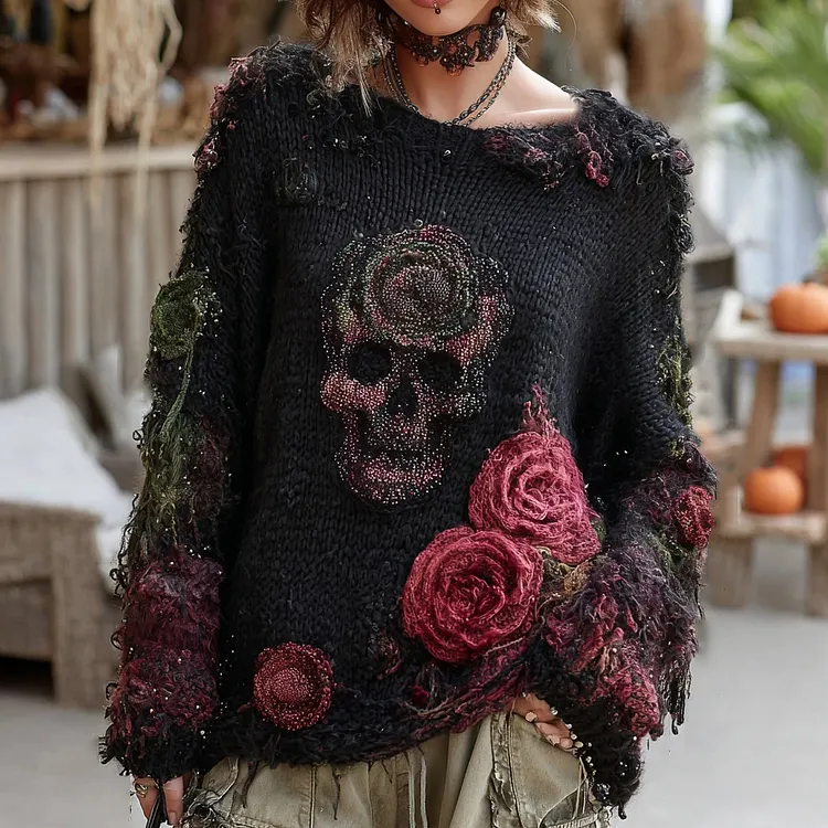 Rose And Skull Embroidered Gothic Chunky Knit Sweater