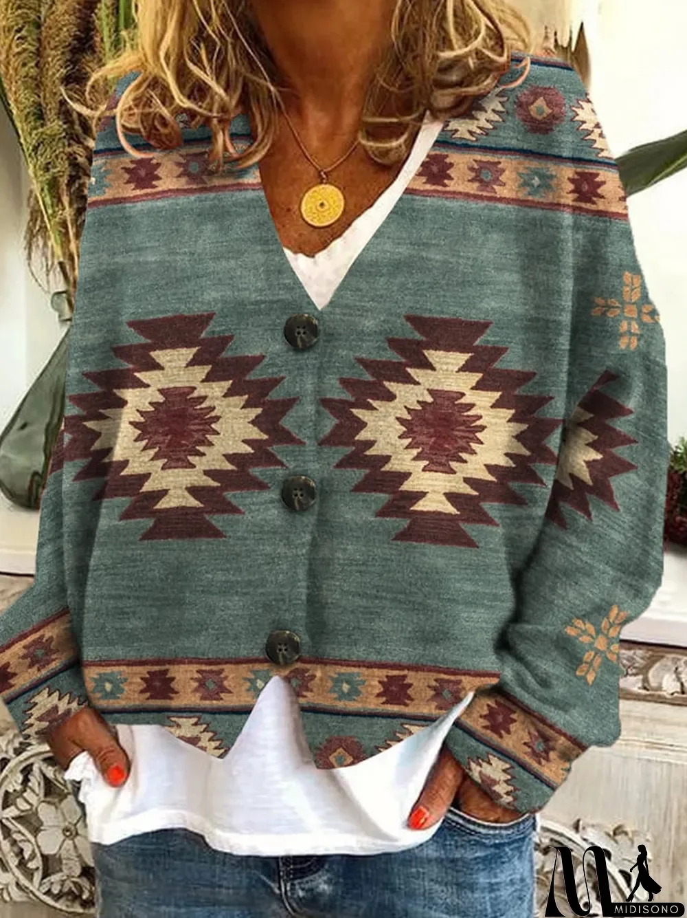 MidiSono - Vintage Printed Casual Loose Buttoned Flannel Cardigan