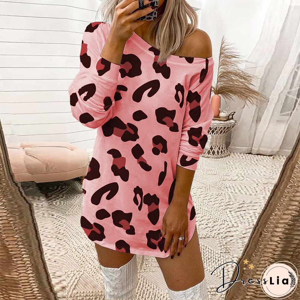 Sexy Leopard Print Off Shoulder Long Sleeve T-shirt Dress Women White Dresses