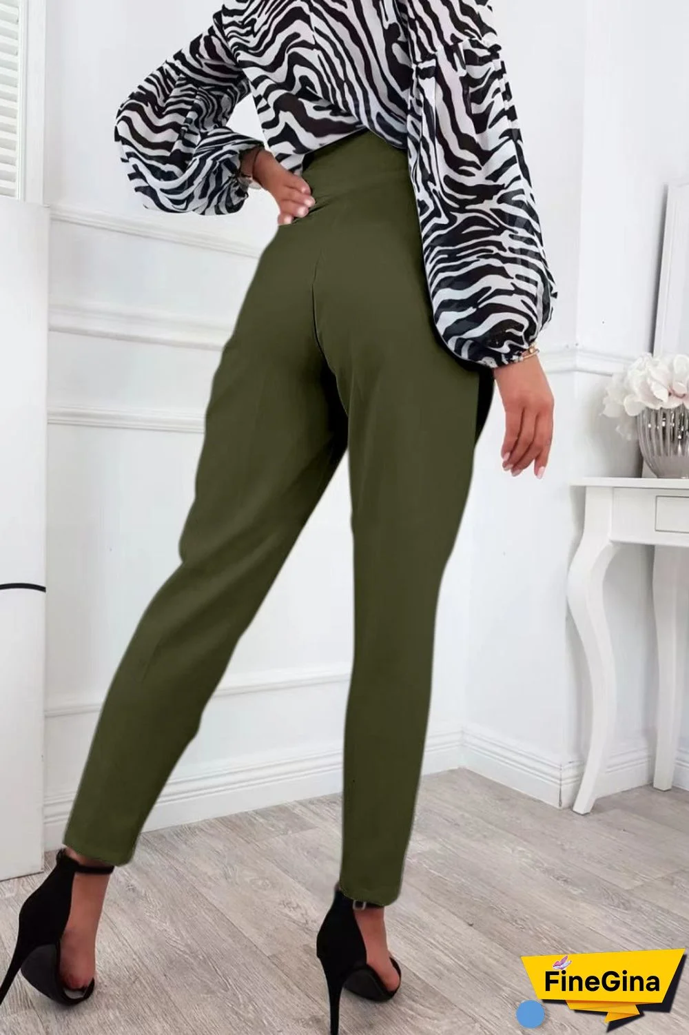 Black Casual Solid Buttons Regular High Waist Conventional Solid Color Trousers