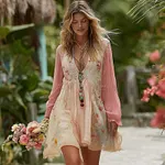 Women's Rose Floral Patchwork Casual Resort Linen Blend Long-sleeved Dress - Image 2