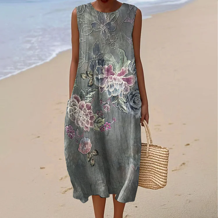 Women's Vintage Floral Art Print Sleeveless Cotton Pocket Wrap Dress