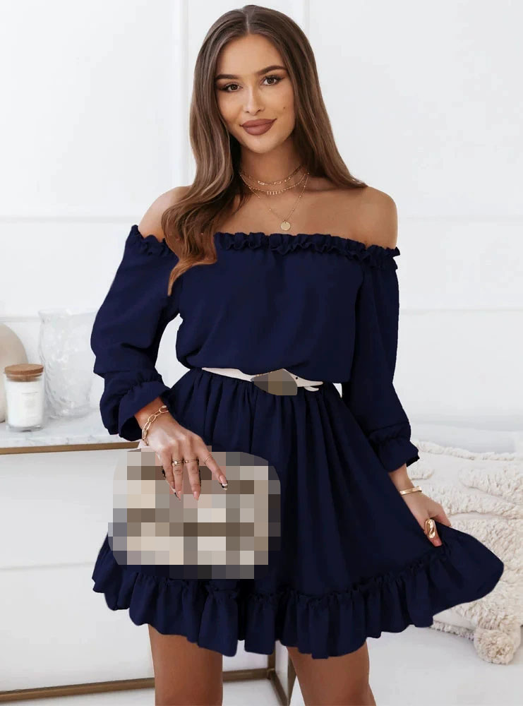 Rambleways Spring Summer New Women's Fashion Solid Color One Piece Collar Off Shoulder Waist Lantern Sleeve Long Sleeve Casual Dress