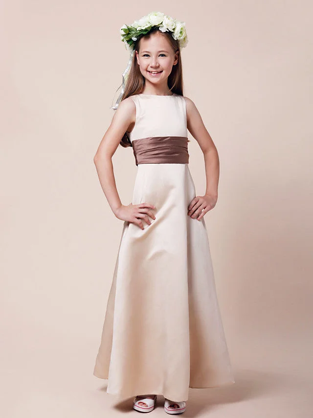 Princess / A-Line Bateau Neck Floor Length Satin Junior Bridesmaid Dress With Sash / Ribbon / Ruched / Spring / Summer / Fall / Winter / Apple