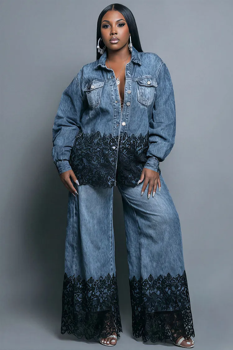 Xpluswear Design Plus Size Business Casual Lace Blue Shirt Collar Long Sleeve Contrast Wide Leg Denim Two Piece Pant Sets [Pre-Order] 2024 - Xpluswear