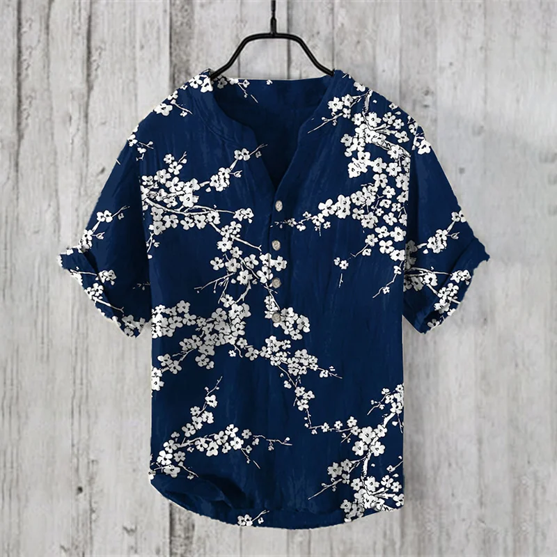 Japanese Cherry Blossom Art Print Henley Collar Shirt
