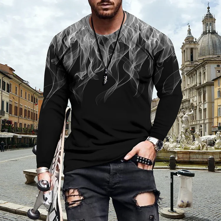 Utbros Multicolor Gradient Flame Print Round Neck Long Sleeve T-Shirt
